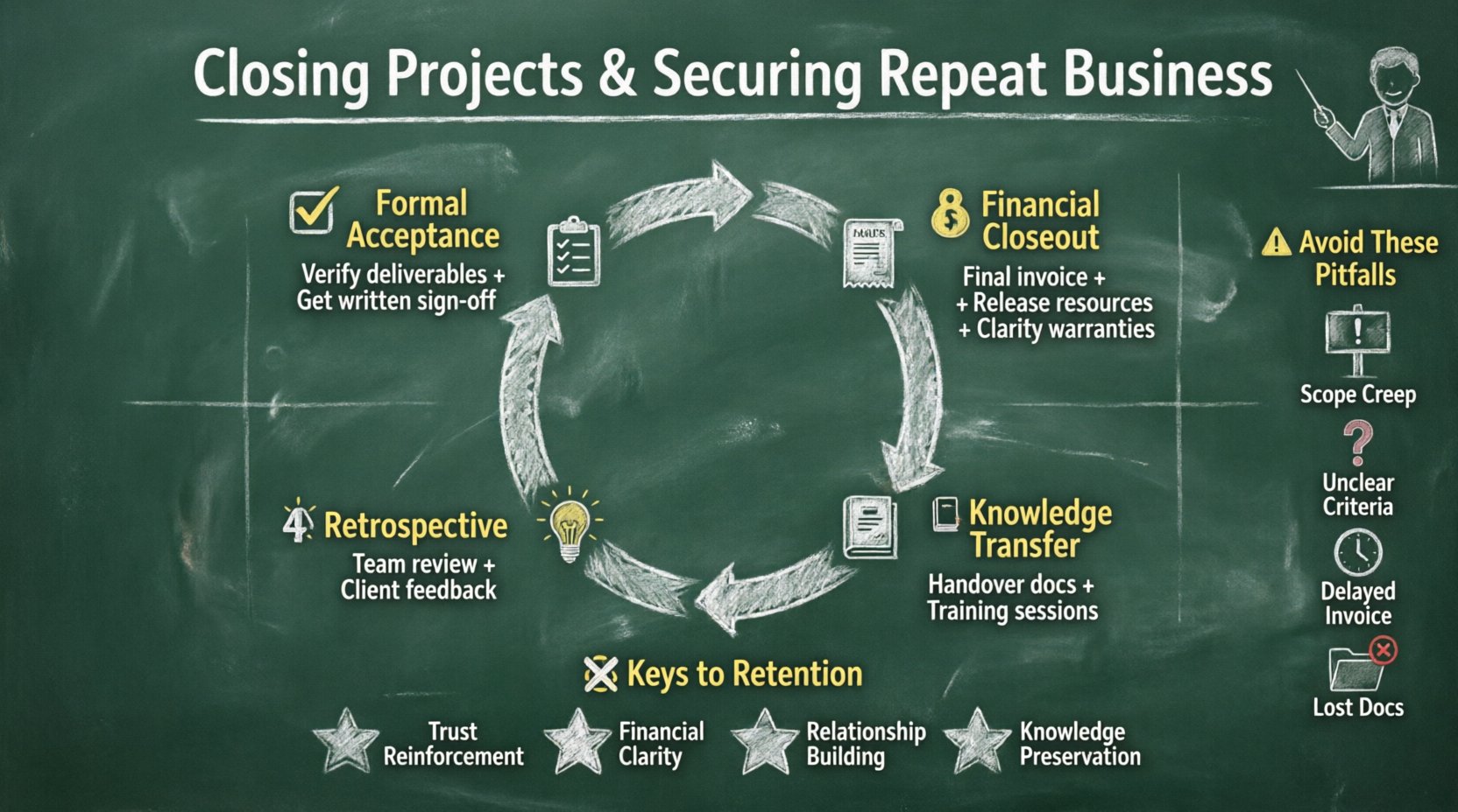 Chalkboard-style educational infographic illustrating the 4-phase project closure process for securing repeat client business: formal acceptance with deliverable verification and sign-off, financial closeout with invoicing and warranties, knowledge transfer through documentation and training, and retrospective with team review and client feedback; includes key retention drivers (trust, clarity, relationships, knowledge preservation) and common pitfalls to avoid (scope creep, unclear criteria, delayed invoicing, lost documentation), designed with hand-written chalk aesthetic for intuitive learning
