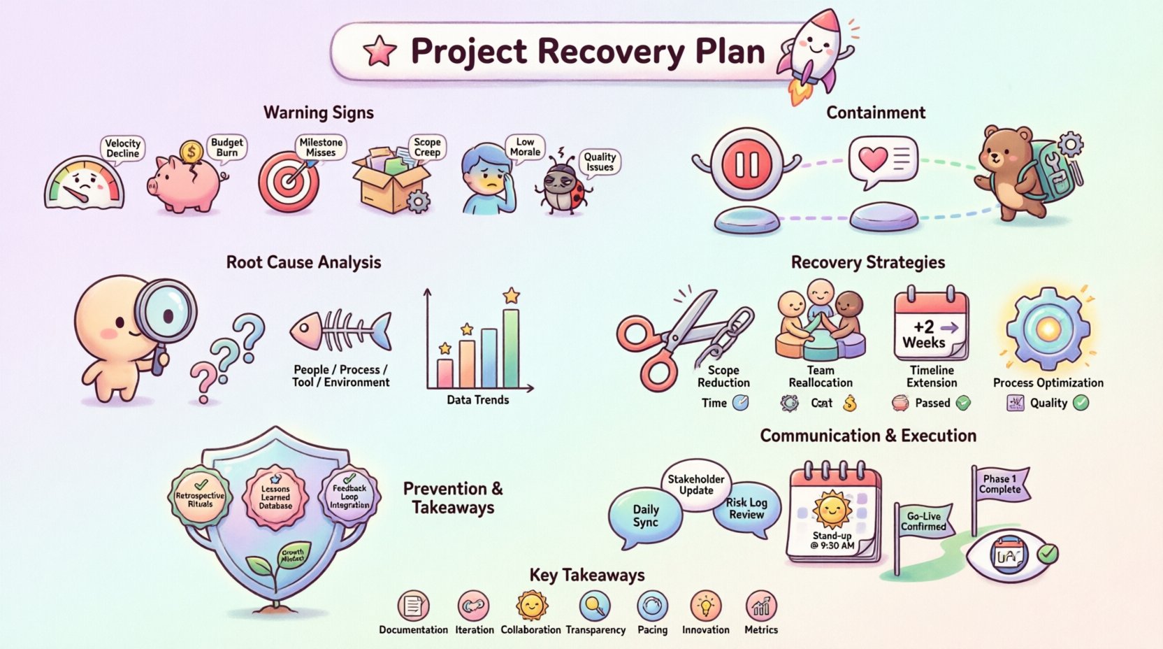 Kawaii cute vector infographic illustrating a 6-step project recovery framework: early warning signs (velocity decline, budget burn, milestone misses, scope creep, low morale, quality issues), immediate containment protocols, root cause analysis methods (Five Whys, Fishbone Diagram), recovery strategies comparison (scope reduction, resource reallocation, timeline extension, process optimization), stakeholder communication best practices, execution monitoring tactics, and prevention tips. Designed with pastel colors, rounded shapes, friendly icons, and playful mascots in a 16:9 layout for intuitive visual learning about project management recovery processes.
