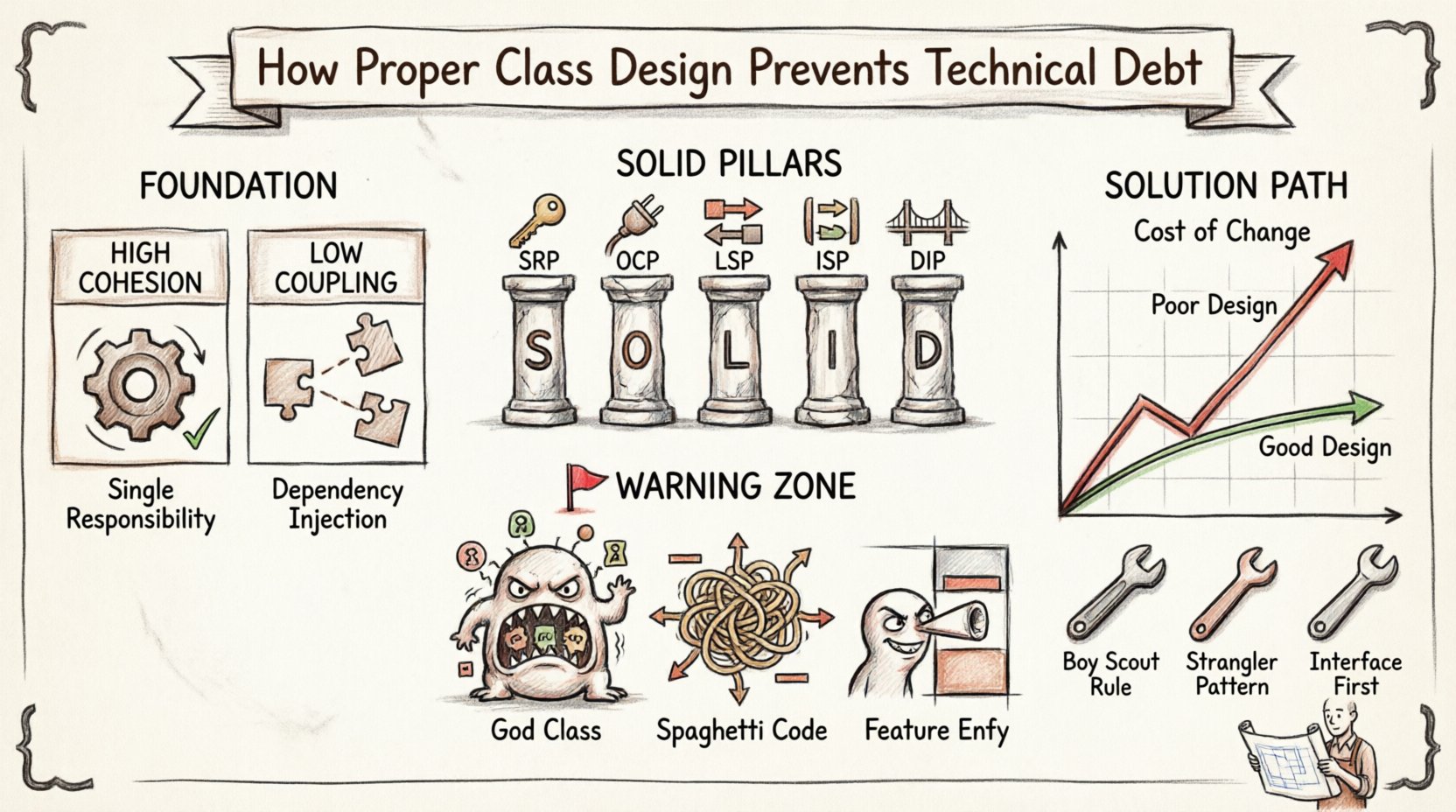 Hand-drawn infographic illustrating how proper class design prevents technical debt in software projects. Features four key sections: Foundation showing high cohesion (focused single-task class) versus low coupling (loosely connected modules); SOLID Principles depicted as five architectural pillars (Single Responsibility, Open/Closed, Liskov Substitution, Interface Segregation, Dependency Inversion); Warning Zone highlighting anti-patterns like God Class, Spaghetti Code, and Feature Envy with cartoon trap illustrations; and Solution Path displaying a cost-of-change graph comparing poor design (steep red curve) versus good design (stable green curve), with refactoring strategies including Boy Scout Rule, Strangler Fig Pattern, and Interface Implementation. Hand-sketched aesthetic with thick outline strokes, warm ink color palette, and clear English labels throughout. 16:9 aspect ratio.
