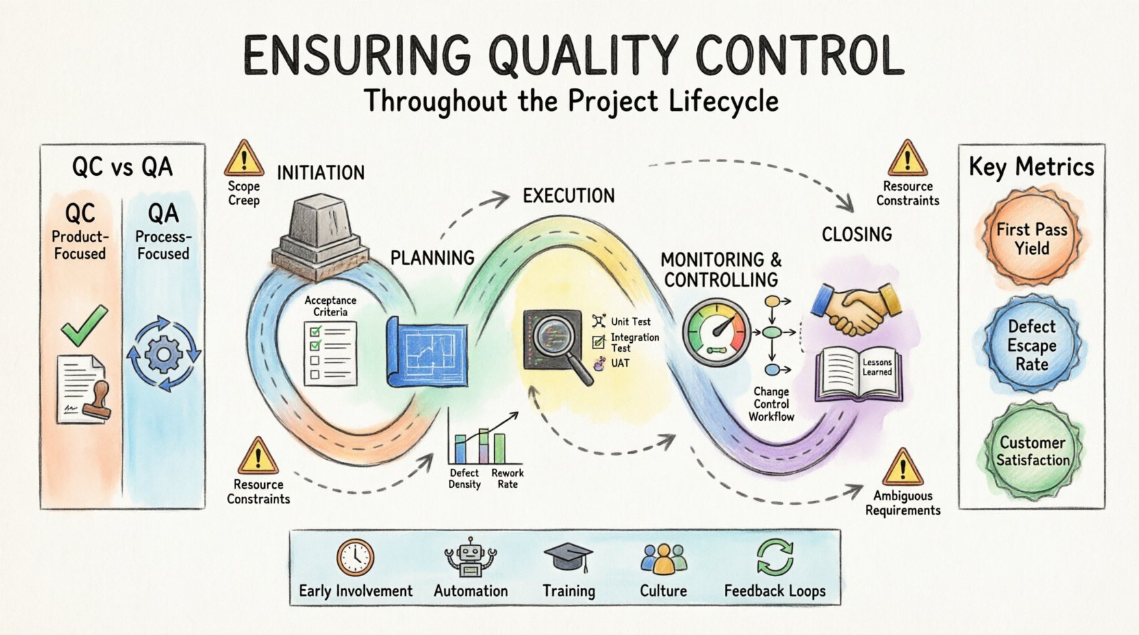 Hand-drawn infographic showing quality control integration across five project lifecycle phases: Initiation (acceptance criteria), Planning (quality metrics), Execution (testing and reviews), Monitoring & Controlling (performance tracking), and Closing (validation and handover). Features QC vs QA comparison, key metrics like defect density and first pass yield, best practices icons, and common challenge warnings. Illustrated with thick outline strokes, watercolor-style fills, and clear visual flow in 16:9 format.