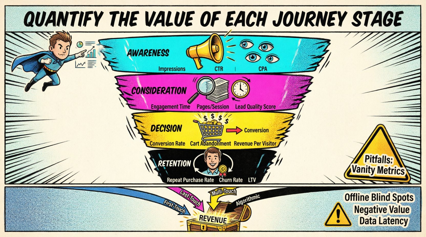 Comic book style infographic illustrating how to quantify the value of each customer journey stage: Awareness (Impressions, CTR, CPA), Consideration (Engagement Time, Pages per Session, Lead Quality Score), Decision (Conversion Rate, Cart Abandonment, Revenue Per Visitor), and Retention (Repeat Purchase Rate, Churn Rate, Customer Lifetime Value), with attribution models (First-Touch, Last-Touch, Multi-Touch, Algorithmic) connecting touchpoints to revenue, plus common pitfalls and optimization strategies for data-driven marketing