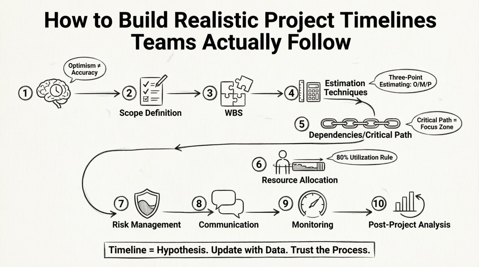 Line art infographic illustrating 10-step framework for building realistic project timelines: understanding planning fallacy bias, defining clear scope and deliverables, breaking down work via WBS, selecting estimation techniques (analogous/three-point/bottom-up), mapping dependencies and critical path, allocating resources at 80% capacity, managing buffers and risks, securing team communication and buy-in, monitoring progress with EVM metrics, and conducting post-project analysis for continuous improvement. Clean black-and-white outline style with icons, timeline path, and key principles like 'Optimism ≠ Accuracy' and 'Timeline = Hypothesis' for project managers and teams.