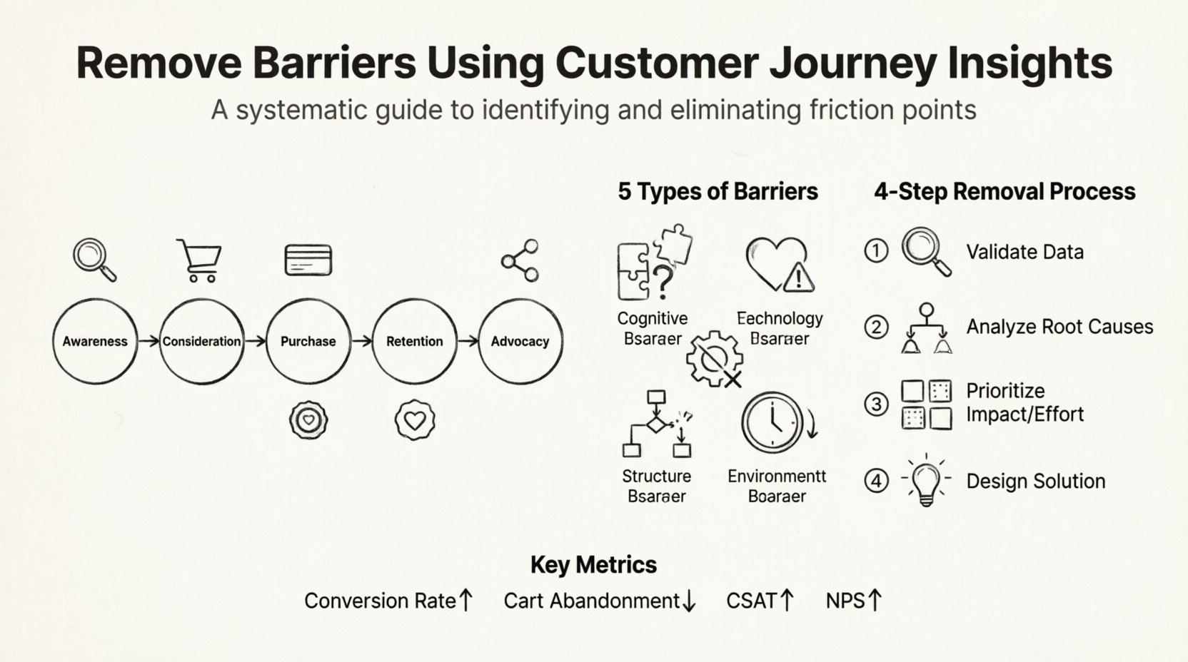 Line art infographic summarizing how to remove barriers using customer journey insights: displays the 5-phase customer journey map (Awareness to Advocacy), five barrier types (Cognitive, Emotional, Technical, Structural, Environmental) with icons, a 4-step removal process (Validate Data, Analyze Root Causes, Prioritize Impact/Effort, Design Solution), and key metrics to track (Conversion Rate, Cart Abandonment, CSAT, NPS) for improving customer experience and reducing friction