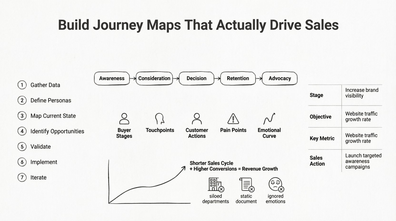 Line art infographic: Build Journey Maps That Actually Drive Sales. Visualizes the 5-stage buyer journey (Awareness→Consideration→Decision→Retention→Advocacy), 5 core anatomy components (Buyer Stages, Touchpoints, Customer Actions, Pain Points, Emotional Curve), 7-step implementation checklist, KPI metrics table by stage, and revenue growth impact arrow. Clean minimalist design highlights friction points to fix, cross-team alignment strategies, and data-driven optimization tactics for converting journey maps into sales enablement tools.