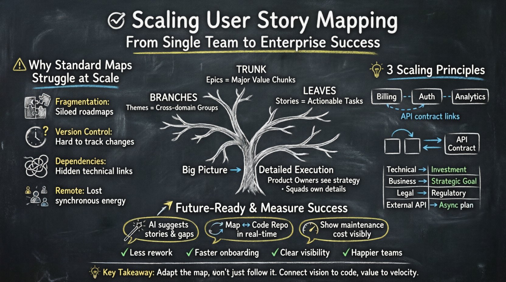 Chalkboard-style infographic illustrating how to scale User Story Mapping for large software systems: shows challenges at scale (fragmentation, version control, dependencies, remote work), hierarchical map structure (Epics→Themes→Stories), three scaling principles (domain-driven contexts, architecture alignment, dependency management), future trends (AI assistance, real-time sync, technical debt visualization), and success metrics (reduced rework, faster onboarding, better visibility, improved morale) with hand-written teacher-friendly annotations on a dark chalkboard background