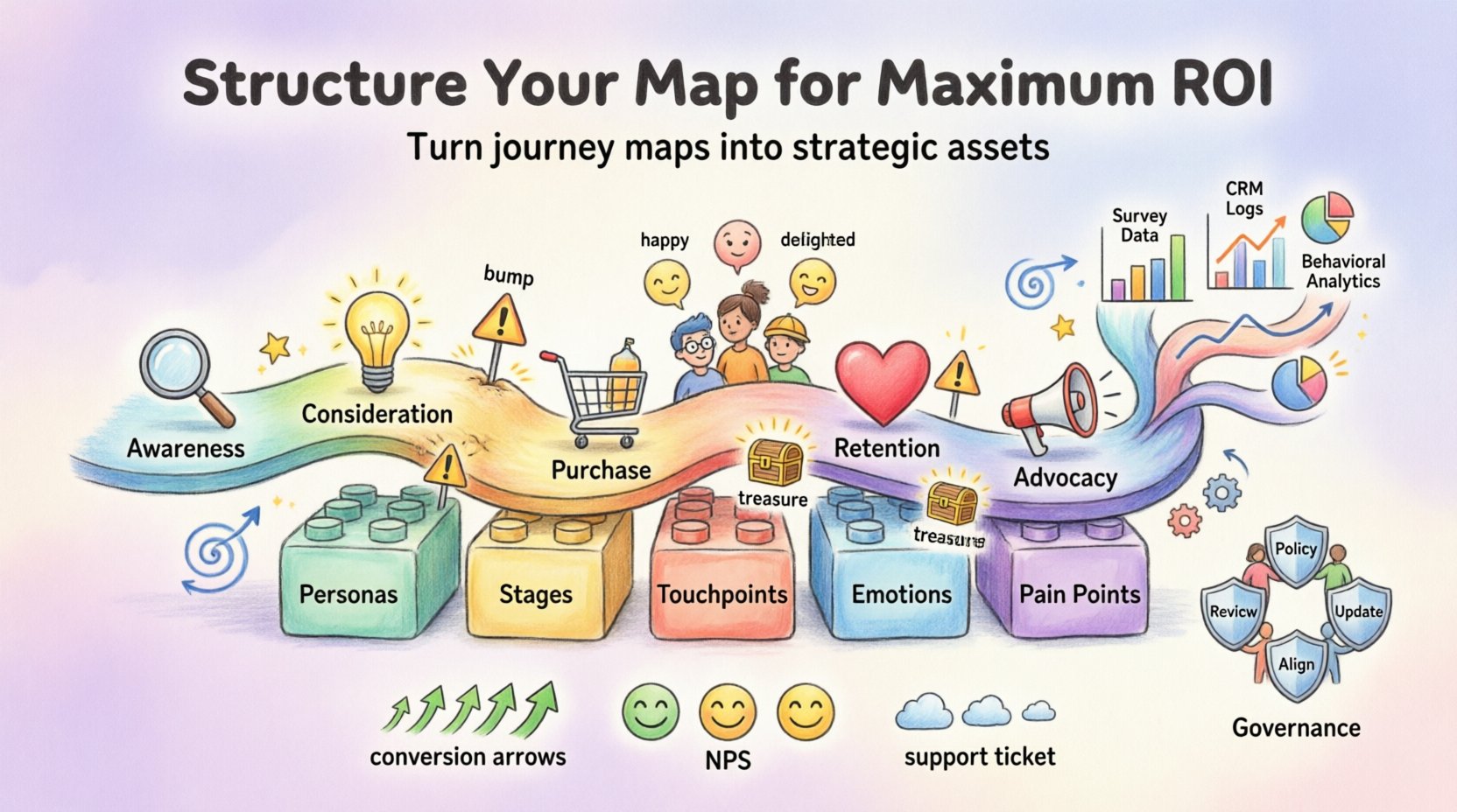 Whimsical infographic illustrating how to structure customer journey maps for maximum ROI, featuring five journey stages (Awareness, Consideration, Purchase, Retention, Advocacy), core structural pillars (Personas, Touchpoints, Emotions, Pain Points), friction point identification, data integration strategies, governance ownership roles, and post-launch impact measurement metrics in a colorful playful illustrated style