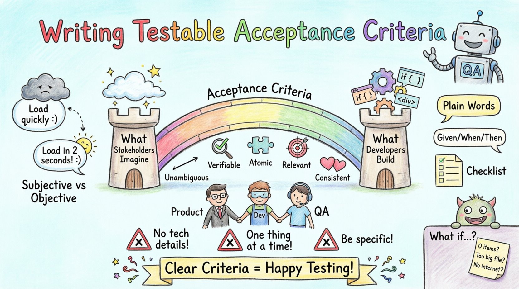 Child-style drawing infographic explaining user story acceptance criteria for QA teams: shows a rainbow bridge connecting stakeholder vision to developer output, five key traits of testable criteria (unambiguous, verifiable, atomic, relevant, consistent), subjective vs objective examples, three writing techniques (plain language, Gherkin Given/When/Then, checklist), Three Amigos collaboration, common pitfalls to avoid, and edge case examples - all in playful crayon art style with bright colors and simple icons