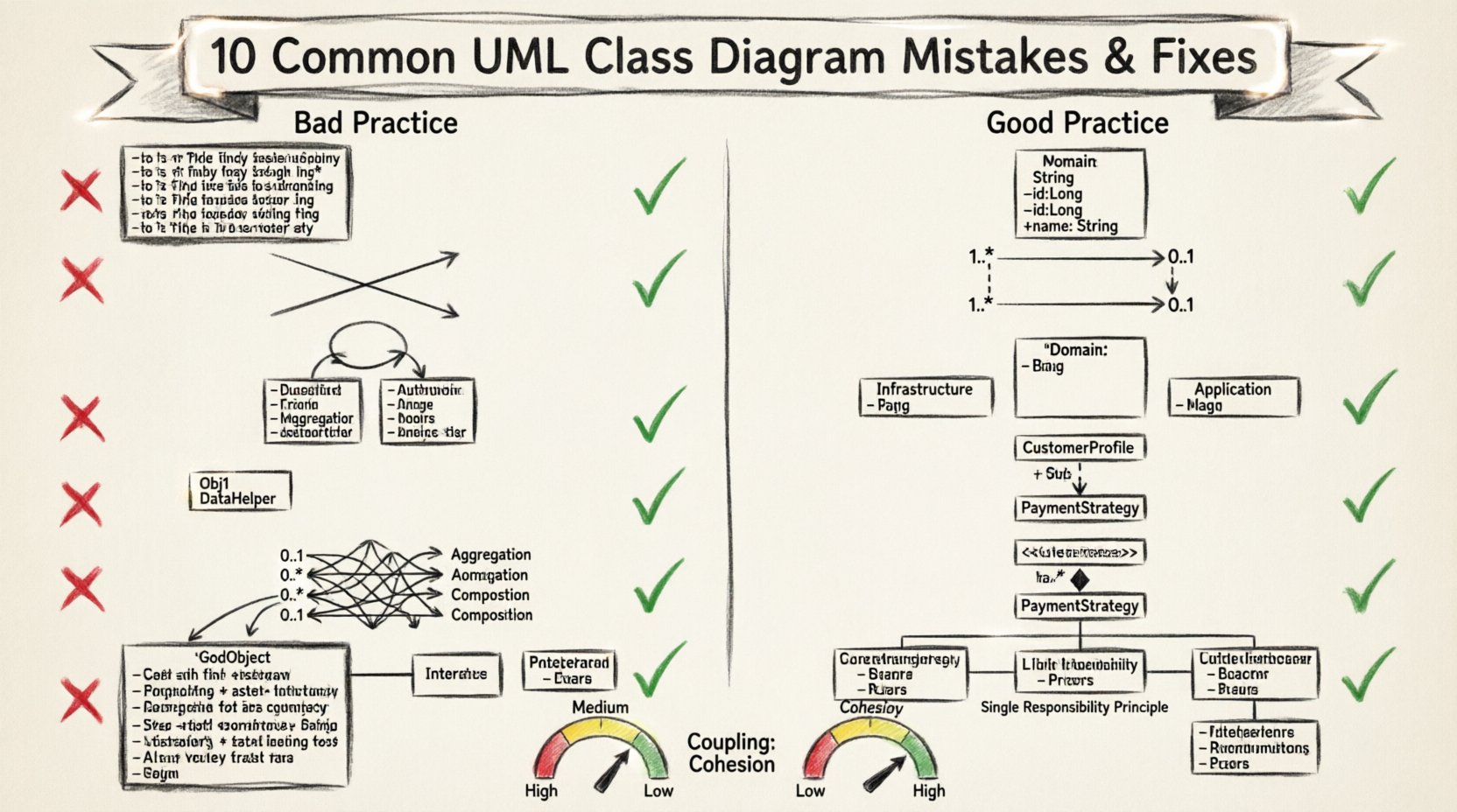Charcoal contour sketch infographic illustrating 10 common UML class diagram mistakes and their fixes for software architecture: overloading implementation details, missing visibility modifiers (+/-/#), incorrect cardinality notation, circular dependencies, mixed abstraction levels, poor naming conventions, absent interface contracts, undefined multiplicity constraints, inheritance misuse vs composition, and confused state/behavior separation. Features side-by-side bad practice vs corrected practice visual comparisons with UML notation symbols, association lines, and design principle guidance for developers and architects.