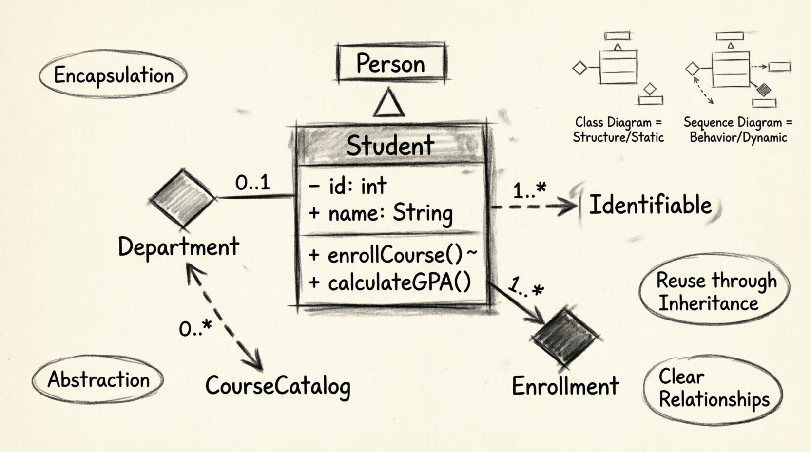 Charcoal sketch infographic illustrating UML class diagram fundamentals for software engineering students, showing class structure with three compartments, visibility modifiers (+ - # ~), relationship types including inheritance aggregation composition dependency, multiplicity notations 1 0..1 1..* 0..*, and comparison with sequence diagrams in educational hand-drawn contour style