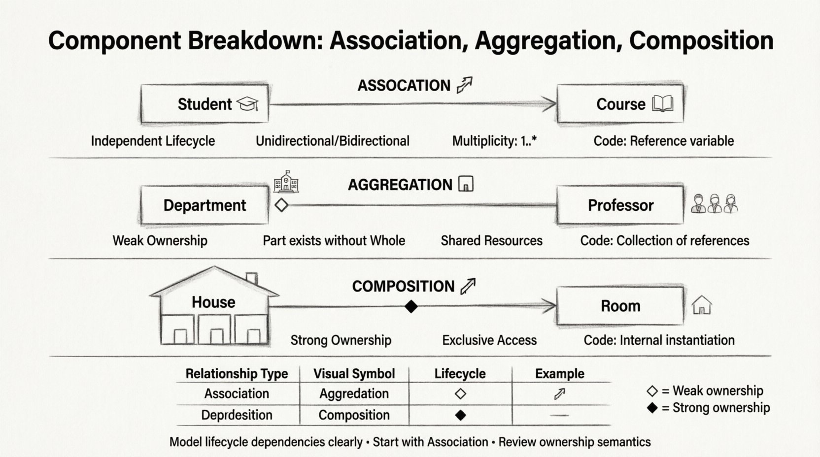 Line art infographic explaining UML class diagram relationships: Association (straight line, independent lifecycle, Student-Course example), Aggregation (hollow diamond, weak ownership, Department-Professor example), and Composition (filled diamond, strong ownership, House-Room example). Includes visual symbols, lifecycle dependencies, code implementation hints, multiplicity notation, and a comparison table for object-oriented design clarity.