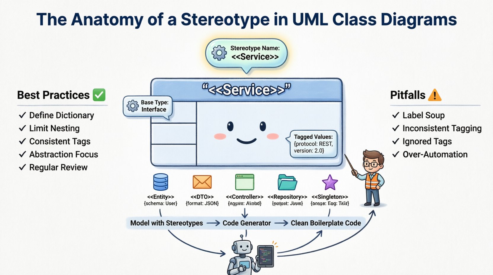 Cartoon infographic explaining UML stereotype anatomy in professional class diagrams, featuring visual breakdown of stereotype notation with guillemets, three core components (base type, stereotype name, tagged values), examples of common stereotypes like Entity, Service, Repository with icons, best practices checklist, common pitfalls to avoid, and code generation workflow, designed for software architects and developers
