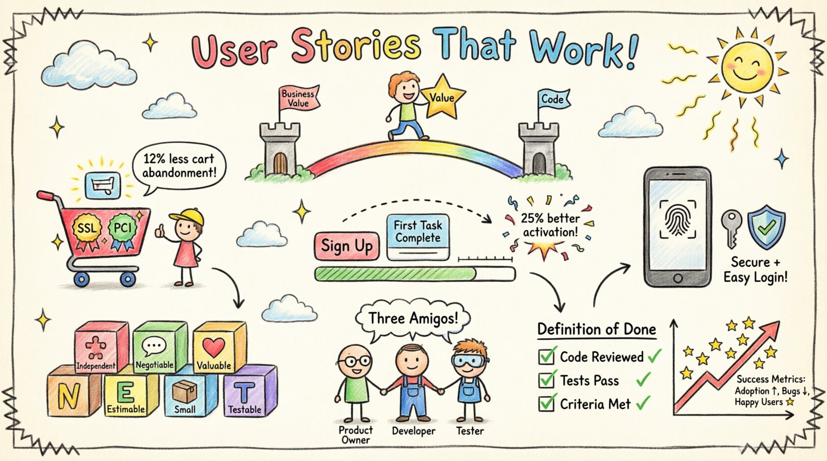 Child-style hand-drawn infographic illustrating real-world user story case studies in software development, featuring e-commerce checkout optimization with security badges reducing cart abandonment, SaaS onboarding with simplified dashboard improving activation rates, and mobile banking biometric authentication balancing security and usability, plus INVEST criteria building blocks, Three Amigos collaboration technique, Definition of Done checklist, and success metrics graph, all rendered in playful crayon art style with bright colors, wobbly lines, and simple shapes for intuitive visual learning