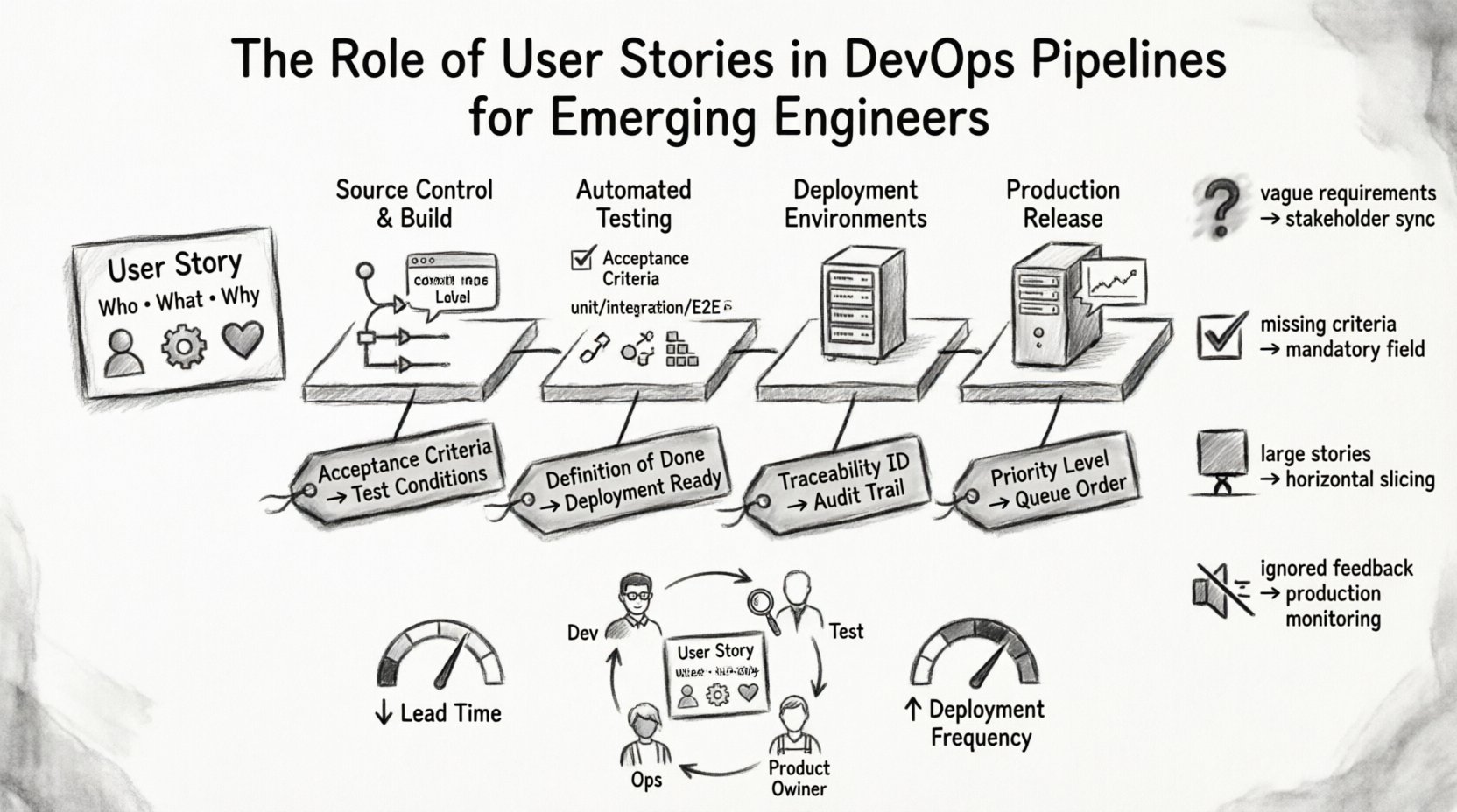 Charcoal sketch infographic illustrating how user stories drive DevOps pipelines for emerging engineers: shows Who-What-Why framework, four pipeline stages (source control/build, automated testing, deployment environments, production release), key components (acceptance criteria, definition of done, traceability ID, priority level), metrics impact (reduced lead time, increased deployment frequency), common pitfalls with solutions, and cross-functional collaboration loop - all rendered in monochrome contour sketch style with hand-drawn technical annotations