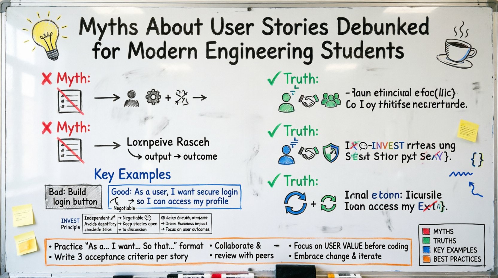 Hand-drawn whiteboard infographic debunking 6 common myths about user stories for engineering students: (1) Stories vs tasks, (2) Acceptance criteria importance, (3) Collaborative story writing, (4) Technical constraints integration, (5) INVEST model essentials, (6) Stories evolve with feedback. Features color-coded markers showing myth vs truth comparisons, INVEST acronym breakdown (Independent, Negotiable, Valuable, Estimable, Small, Testable), good vs bad user story examples using 'As a... I want... So that...' format, and actionable best practices for agile development. Educational visual guide for software engineering students learning agile requirements, user-centered design, and effective team collaboration.