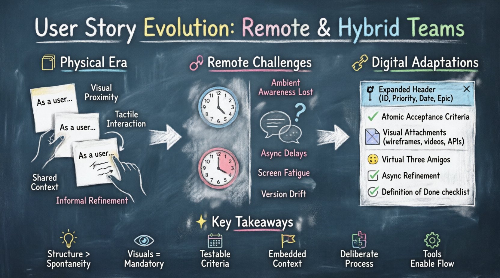 Chalkboard-style infographic illustrating the evolution of user story formats from physical sticky notes to digital templates for remote and hybrid agile teams, featuring three sections: physical era characteristics (visual proximity, tactile interaction), remote work challenges (lost ambient awareness, async delays, screen fatigue), and digital adaptations (expanded headers with ID/priority/date, atomic acceptance criteria, visual attachments like wireframes and videos), plus collaboration practices (Virtual Three Amigos, async refinement, Definition of Done) and six key takeaways for maintaining agile quality in distributed environments