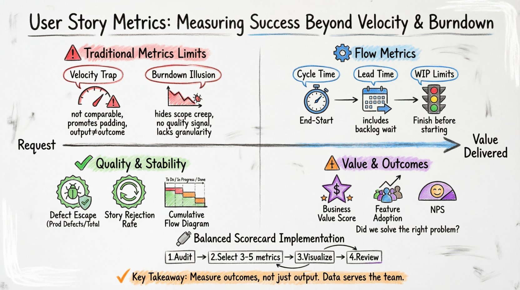 Hand-drawn whiteboard infographic illustrating user story metrics beyond velocity and burndown charts, featuring four color-coded categories: red section showing limitations of traditional metrics (velocity trap, burndown illusion), blue section covering flow metrics (cycle time, lead time, WIP limits), green section for quality metrics (defect escape rate, story rejection rate, cumulative flow diagram), and purple section highlighting value metrics (business value score, feature adoption rate, NPS), with a central workflow diagram from request to value delivery and a four-step balanced scorecard implementation guide, all sketched in marker style on a whiteboard background