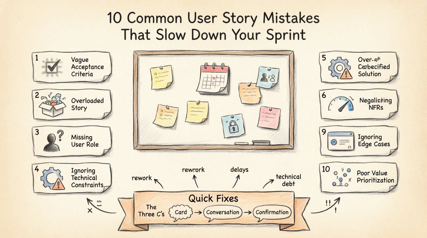 Hand-drawn infographic illustrating 10 common user story mistakes in Agile development that slow down sprints, including vague acceptance criteria, overloaded stories, missing user roles, ignoring technical constraints, lack of collaboration, over-specified solutions, neglecting non-functional requirements, misaligned definition of done, ignoring edge cases, and poor value prioritization, with quick fixes featuring the Three C's framework: Card, Conversation, and Confirmation