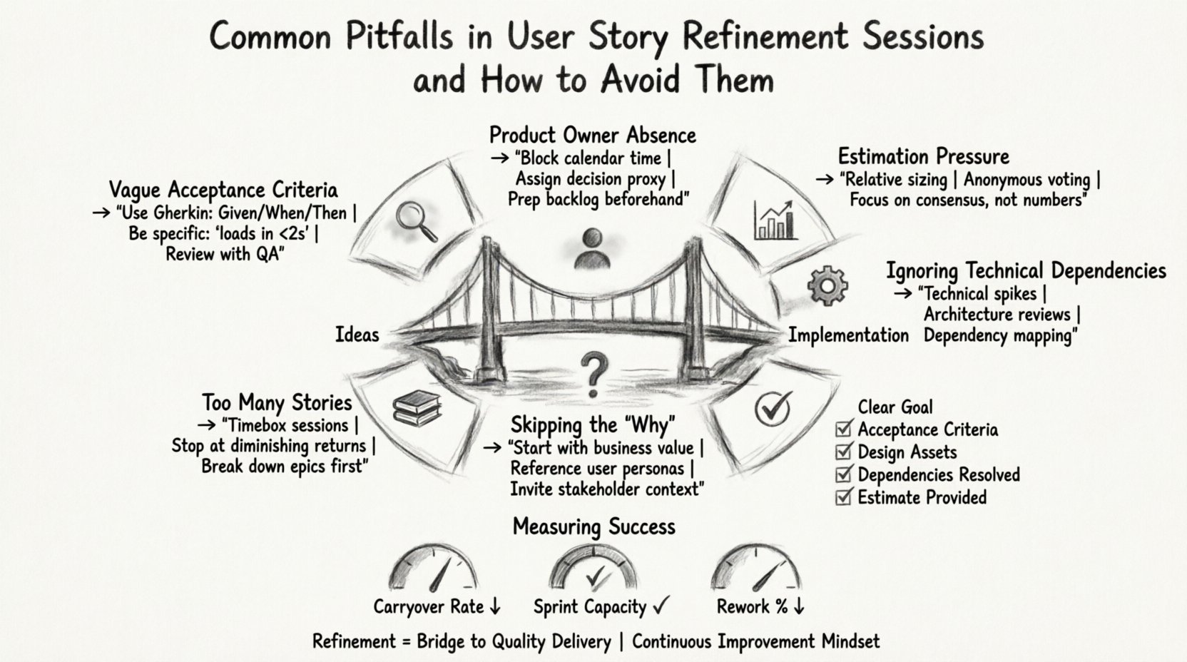 Charcoal contour sketch infographic showing 7 common pitfalls in agile user story refinement sessions with actionable solutions: vague acceptance criteria, product owner absence, estimation pressure, ignoring technical dependencies, lack of Definition of Ready, too many stories per session, and skipping business value context; features central bridge metaphor connecting ideas to implementation, DoR checklist visual, and key metrics for measuring refinement health
