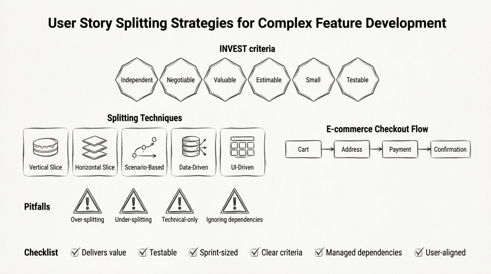 Line art infographic illustrating Agile user story splitting strategies: INVEST criteria checklist, five techniques (vertical slicing, horizontal slicing, scenario-based, data-driven, UI-driven), e-commerce checkout example workflow, common pitfalls to avoid, and success metrics checklist for breaking down complex features into sprint-ready deliverables