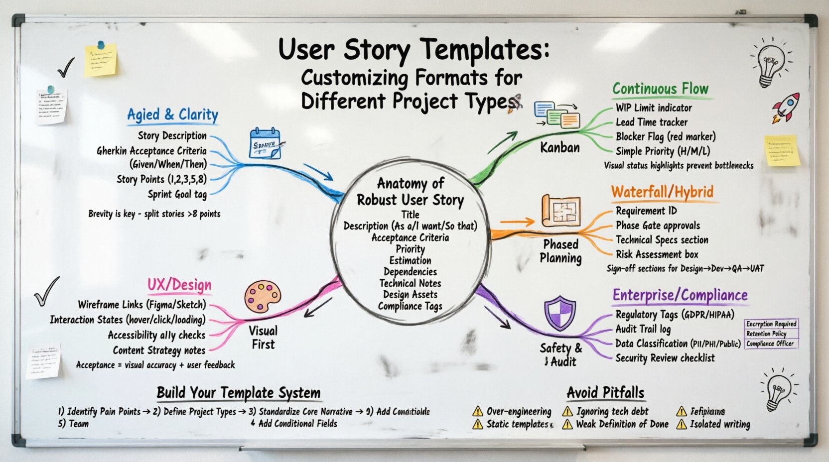 Hand-drawn whiteboard infographic illustrating how to customize user story templates for five project types: Agile/Scrum (blue), Kanban (green), Waterfall/Hybrid (orange), Enterprise Compliance (purple), and UX/Design (pink). Features color-coded branches showing key fields, acceptance criteria formats, and methodology-specific tips, plus core template anatomy, template-building steps, and common pitfalls to avoid.