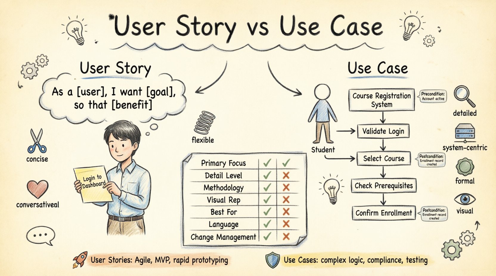 Hand-drawn infographic comparing User Story and Use Case methodologies for software engineering students, showing formats, key differences, and when to use each approach