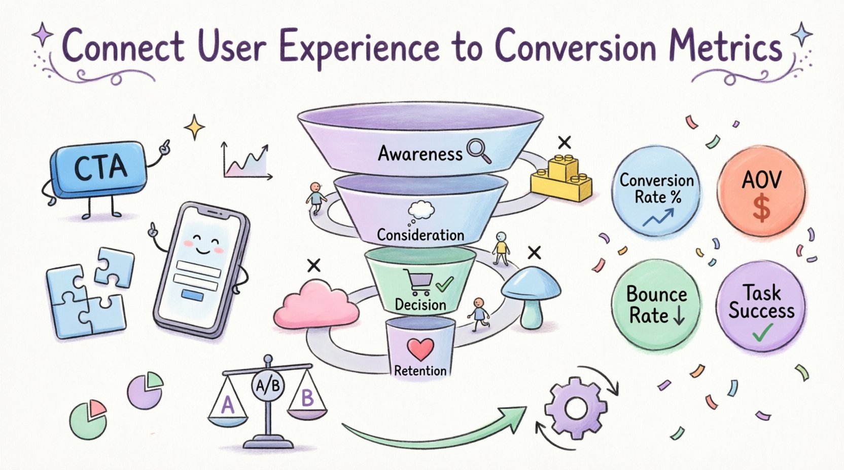 Whimsical infographic illustrating how to connect user experience design to conversion metrics, featuring a 4-stage customer journey map (Awareness, Consideration, Decision, Retention), key performance indicators like conversion rate and bounce rate, UX elements mapped to business outcomes, friction point identification, and optimization strategies in a playful hand-drawn style with pastel colors