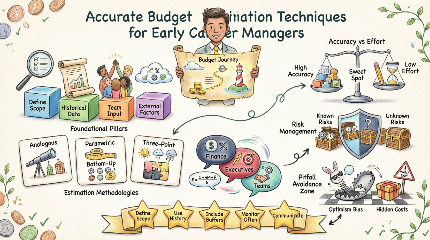 Whimsical infographic illustrating accurate budget estimation techniques for early career managers, featuring playful cartoon visuals of four estimation methods (analogous, parametric, bottom-up, three-point), foundational principles, risk management shields, common pitfalls to avoid, and key takeaways for financial stewardship in project management