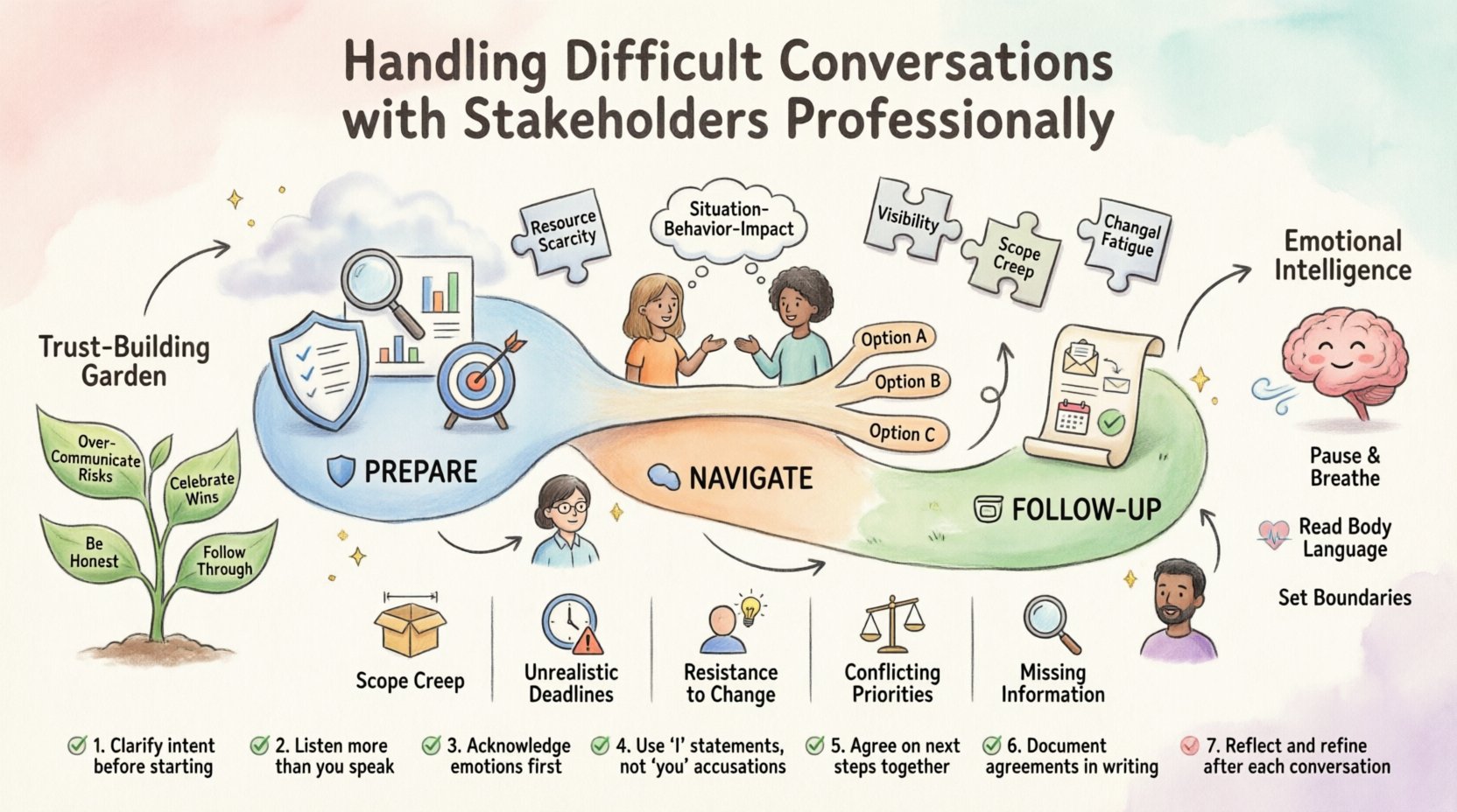 Whimsical 16:9 infographic illustrating professional strategies for handling difficult stakeholder conversations in project management. Features a friendly winding path through three phases: Prepare (data gathering, objective setting, anticipating objections), Navigate (psychological safety, Situation-Behavior-Impact model, active listening, offering choices), and Follow-up (summary emails, plan updates, written confirmation). Includes visual elements: puzzle pieces showing root causes of conflict (resource scarcity, visibility, scope creep, change fatigue, personal bias), a scenario matrix table with icons for common challenges, an emotional intelligence corner with resilience tips, and a trust-building garden with best practices. Hand-drawn illustration style with soft pastel colors, diverse character avatars, speech bubbles, and decorative whimsical elements like clouds and sparkles. Footer displays a 7-point best practices checklist. Designed to intuitively convey project management communication frameworks in an approachable, visually engaging format.