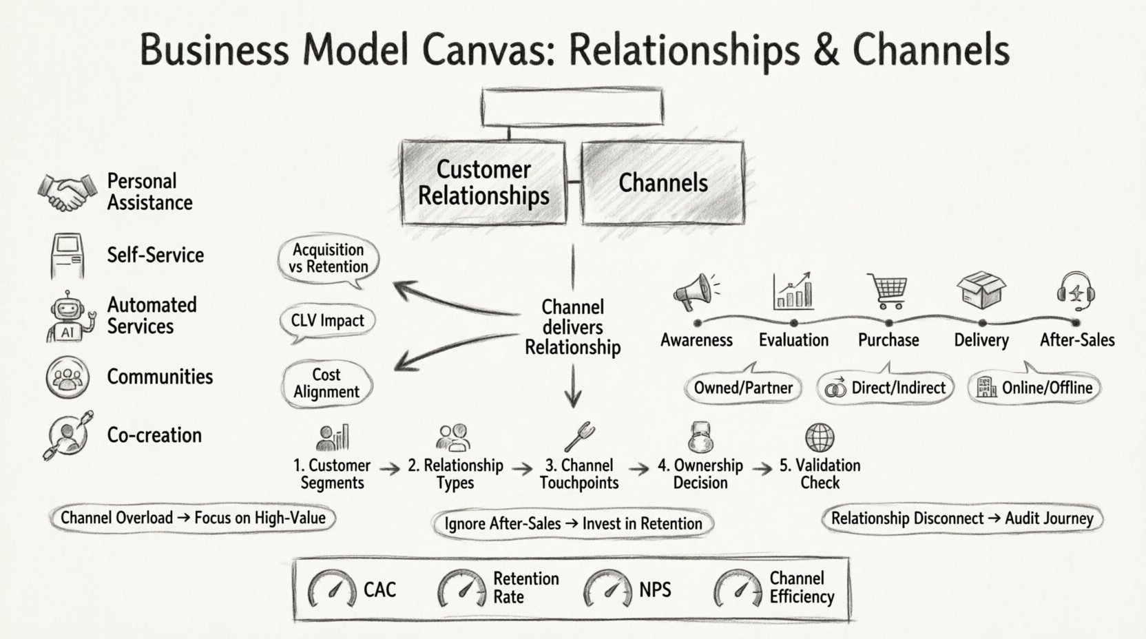 Sketch-style infographic mapping Customer Relationships and Distribution Channels in the Business Model Canvas, illustrating five relationship types (personal assistance, self-service, automated services, communities, co-creation), five-stage customer journey (awareness, evaluation, purchase, delivery, after-sales), channel ownership types, alignment strategies, five-step mapping process, common pitfalls with solutions, and key performance metrics including CAC, retention rate, and NPS for sustainable business growth