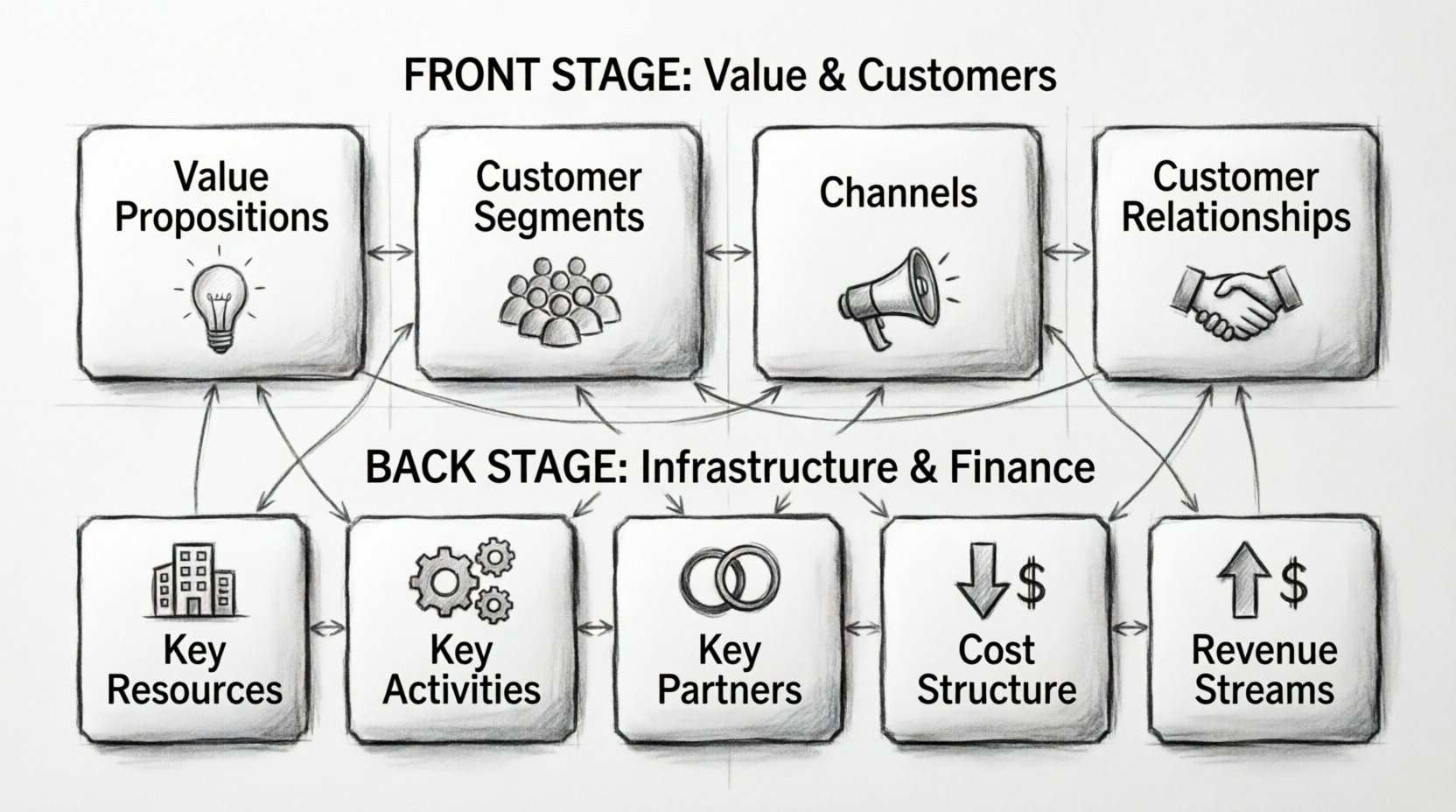 Charcoal sketch infographic of the Business Model Canvas showing nine interconnected building blocks: Value Propositions, Customer Segments, Channels, Customer Relationships, Key Resources, Key Activities, Key Partners, Cost Structure, and Revenue Streams, divided into Front Stage and Back Stage sections with visual interdependency arrows for startup strategy planning