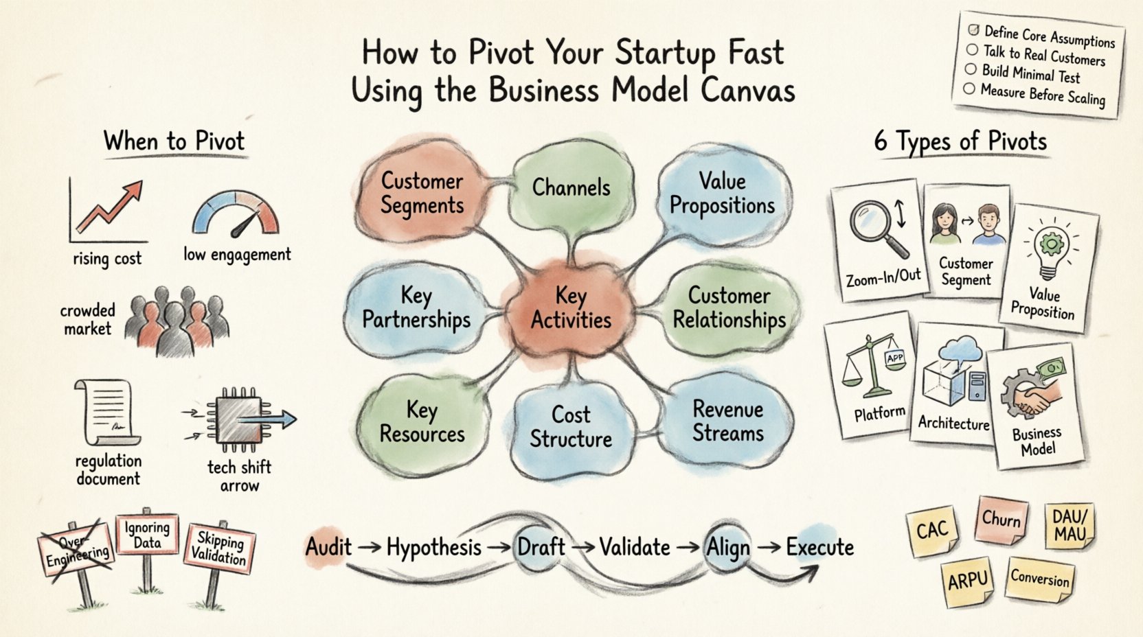 Hand-drawn infographic illustrating how startups can pivot quickly using the Business Model Canvas, featuring the 9 interconnected BMC blocks, 5 pivot triggers, 6 pivot types with visual icons, a 6-step pivot process flow, key validation metrics (CAC, Churn, DAU/MAU, ARPU), and common pitfalls checklist, all rendered in warm sketch style with watercolor accents and handwritten typography