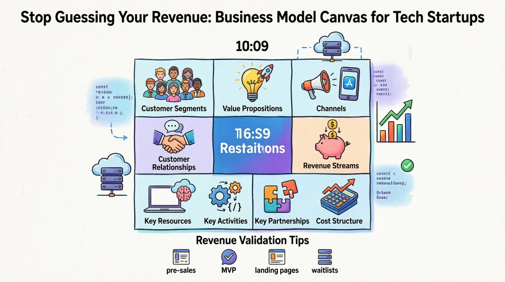 Cartoon-style infographic in 16:9 ratio illustrating the 9 building blocks of the Business Model Canvas for tech startups: Customer Segments, Value Propositions, Channels, Customer Relationships, Revenue Streams, Key Resources, Key Activities, Key Partnerships, and Cost Structure. Each block features playful tech-themed icons and English labels, with emphasis on revenue validation strategies like pre-sales, MVP testing, and pricing experiments. Designed to help startup founders visualize, test, and iterate their business model with clarity and agility.