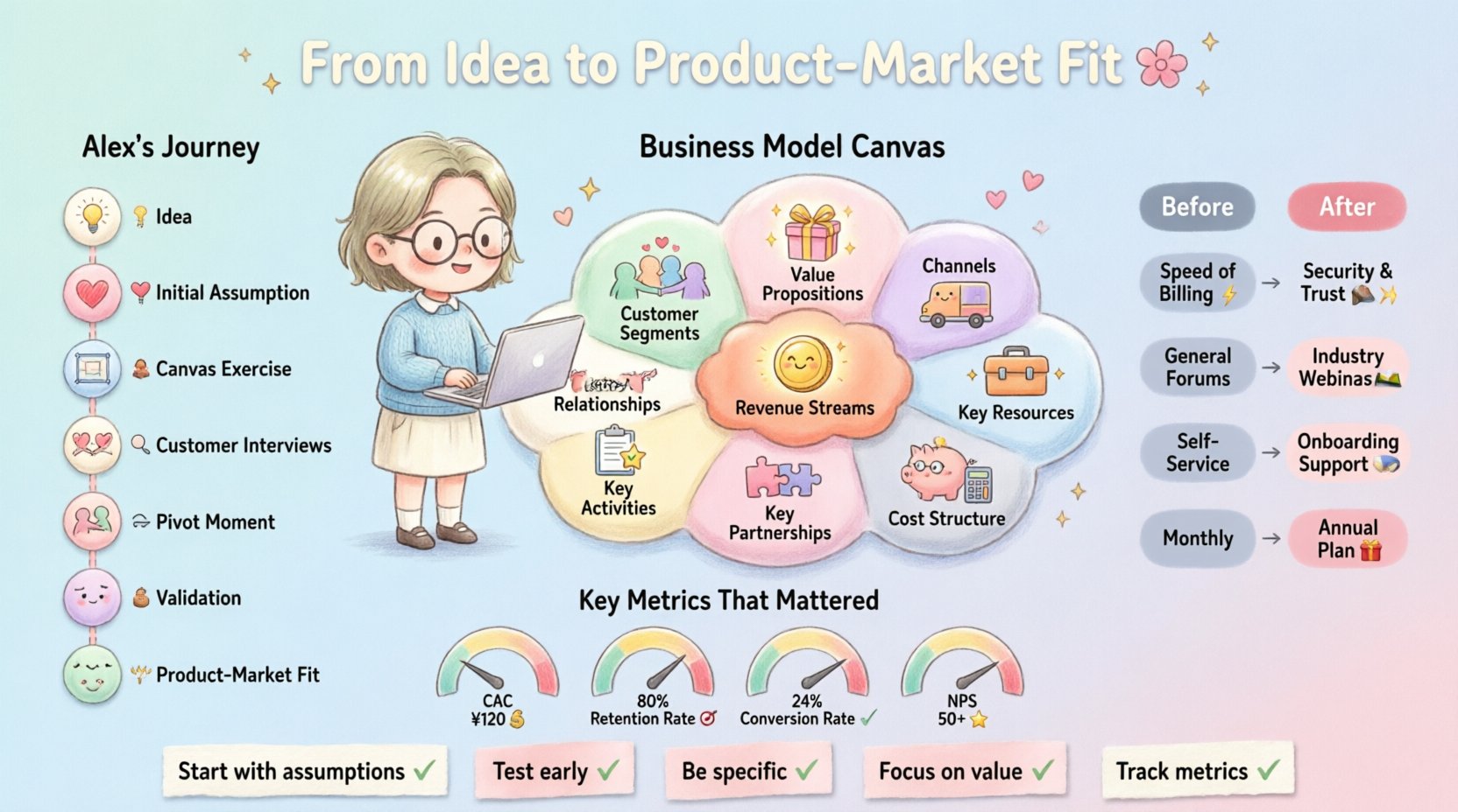 Kawaii-style infographic showing first-time founder Alex's journey using the 9-block Business Model Canvas to achieve product-market fit: from initial idea through customer interviews, strategic pivot to security-focused value proposition, validation metrics (CAC, conversion, retention, NPS), and key takeaways for startup founders