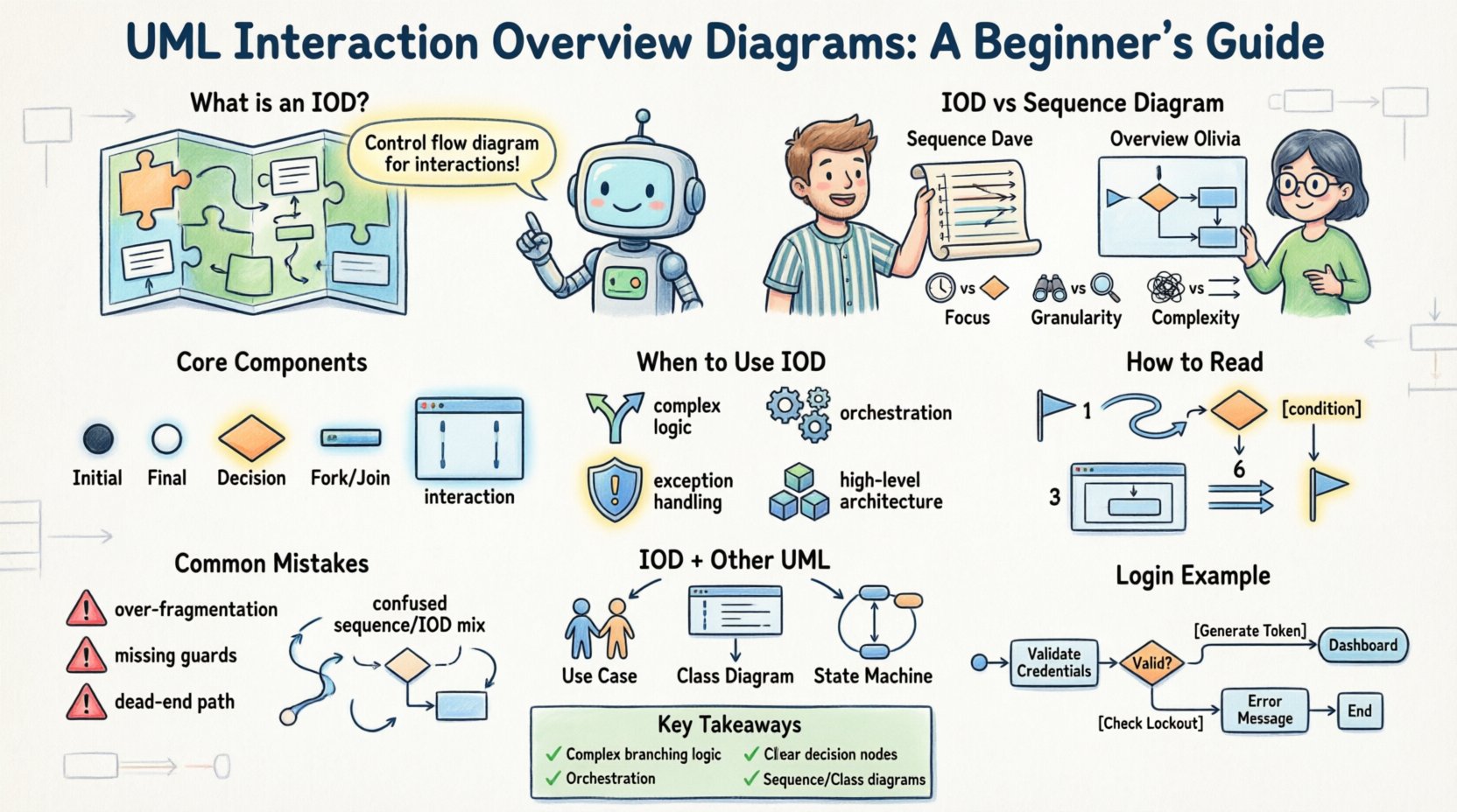 Cartoon-style infographic explaining UML Interaction Overview Diagrams for beginners: definition, comparison with sequence diagrams, core components (decision nodes, interaction frames), usage scenarios, 6-step reading guide, common mistakes to avoid, integration with Use Case/Class/State Machine diagrams, login process example, and key takeaways checklist in a colorful 16:9 landscape layout