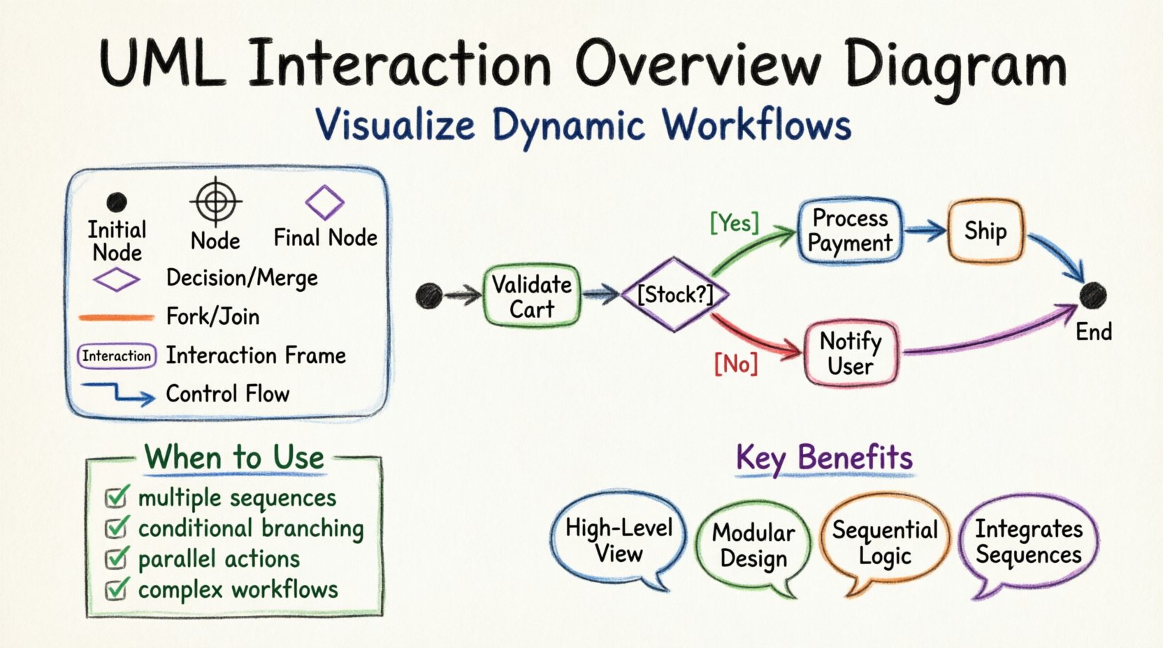 Marker-style infographic guide to UML Interaction Overview Diagrams showing control nodes, interaction frames, workflow examples, and key use cases for visualizing dynamic software system workflows