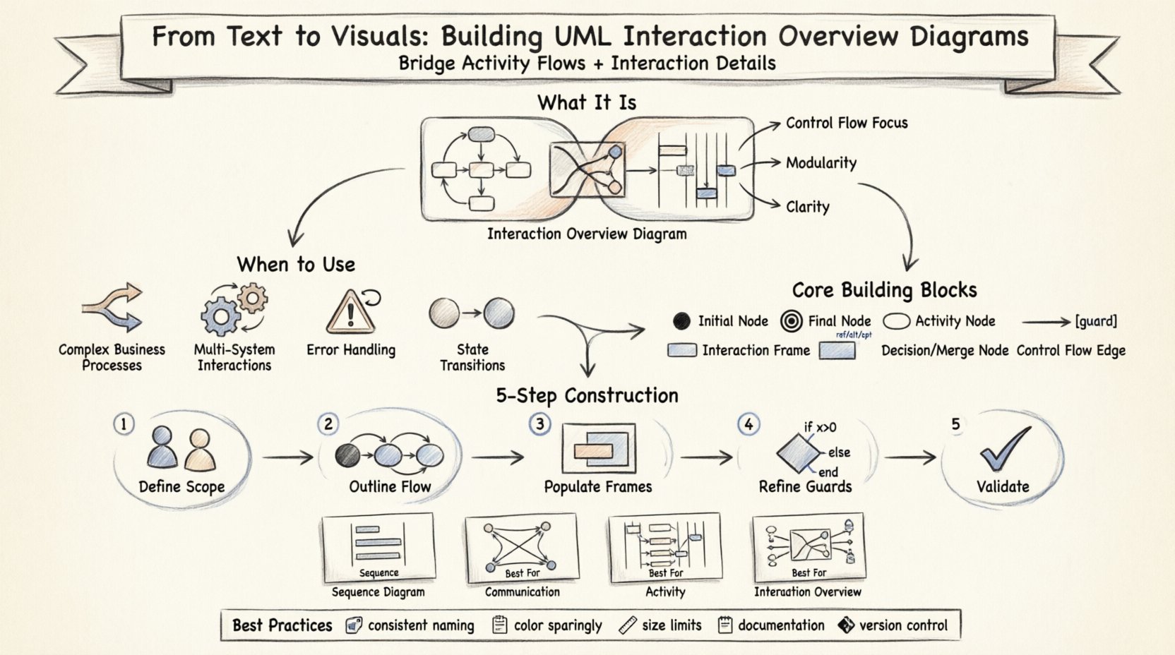 Sketch-style infographic illustrating how to build UML Interaction Overview Diagrams: shows core elements (activity nodes, interaction frames, decision nodes), 5-step construction process, use cases for complex workflows, and comparison with other UML diagram types in a hand-drawn visual guide