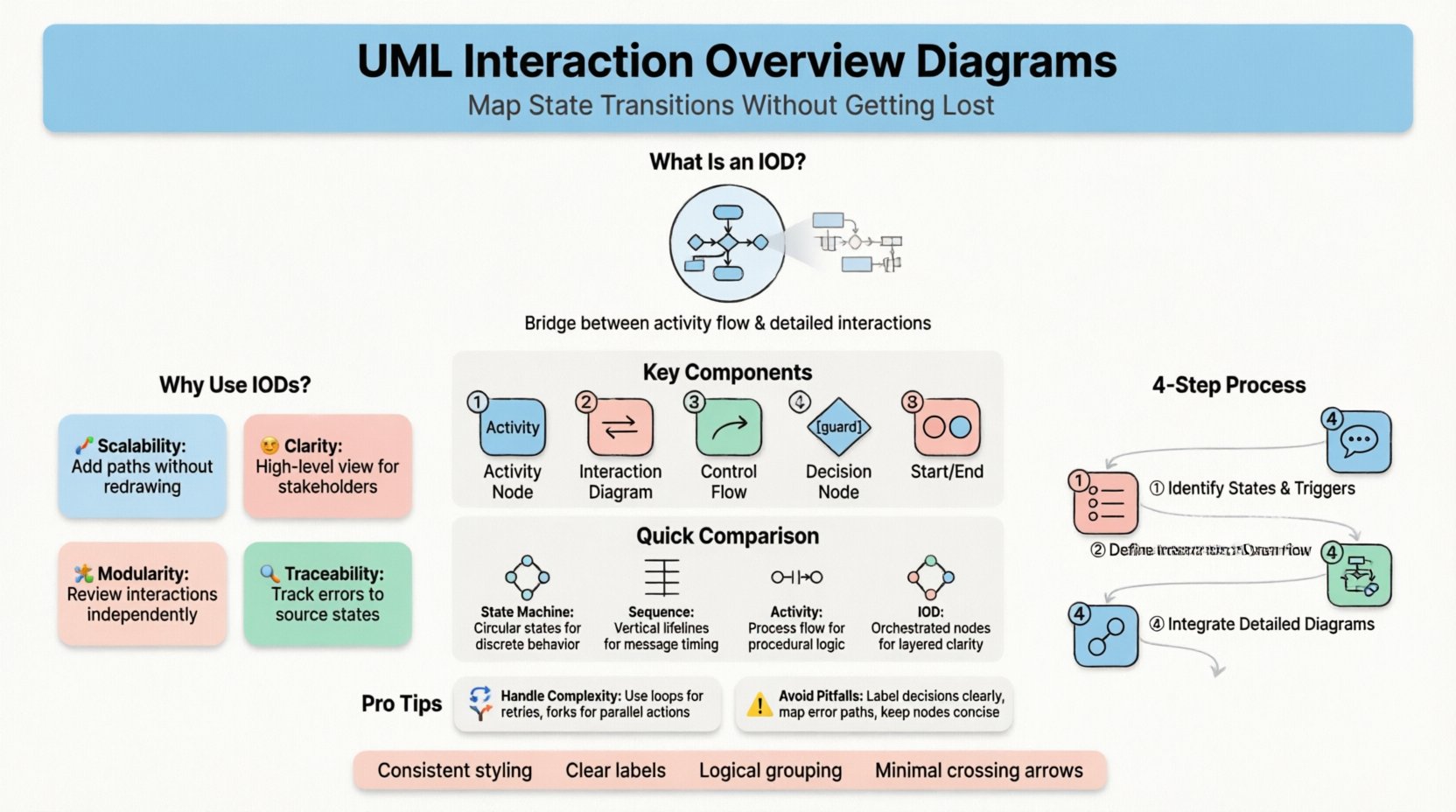 Educational infographic explaining UML Interaction Overview Diagrams for mapping state transitions in software systems, featuring key components like activity nodes and control flow, four-step implementation process, benefits including scalability and clarity, comparison with other UML diagrams, and best practices for clean design, presented in a friendly flat design style with pastel colors and rounded shapes suitable for students and developers