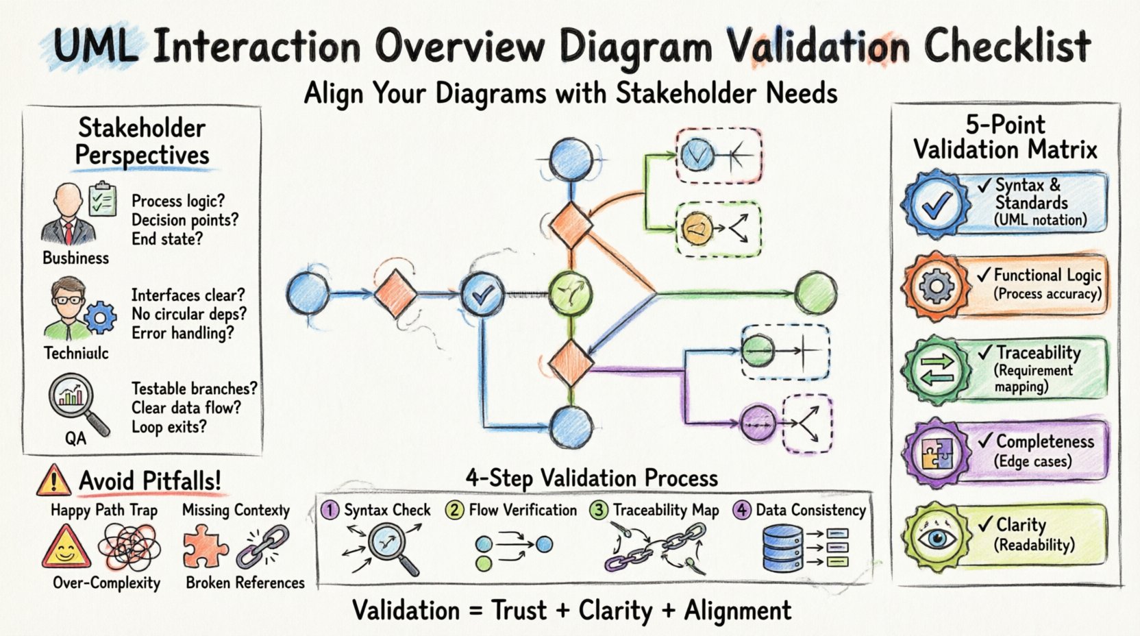 Marker illustration infographic showing the ultimate checklist for validating UML Interaction Overview Diagrams against stakeholder needs, featuring stakeholder perspectives (business, technical, QA), a 5-point validation matrix (syntax, functional logic, traceability, completeness, clarity), 4-step validation process, common pitfalls to avoid, and practical tips for alignment, all in a hand-drawn sketchy style with vibrant colors and clear visual hierarchy