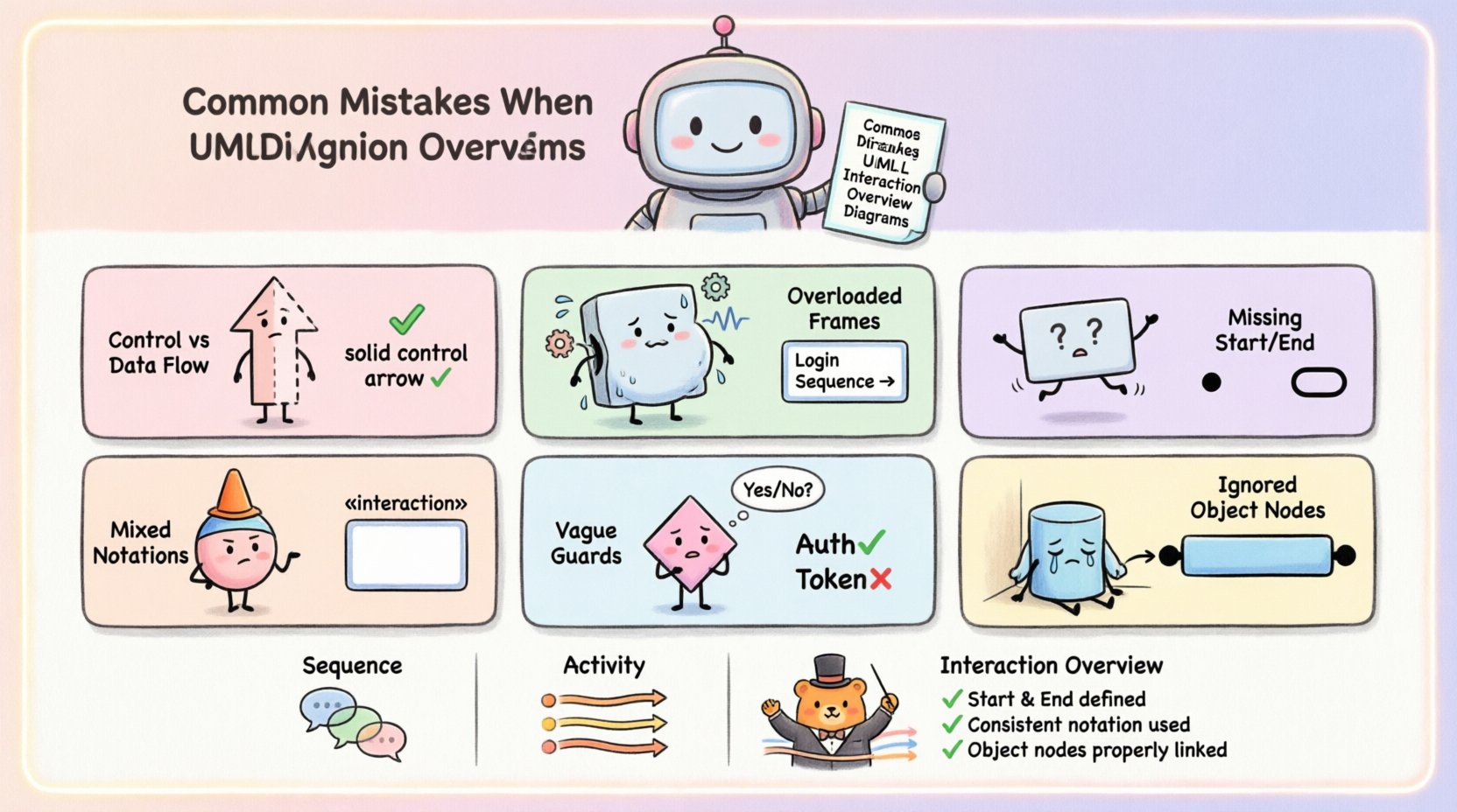 Kawaii-style infographic illustrating 6 common mistakes in UML Interaction Overview Diagrams with cute pastel vector icons: control vs data flow confusion, overloaded frames, missing start/end nodes, mixed notations, vague decision guards, and ignored object nodes—each with visual corrections, plus a simple comparison of Sequence/Activity/Interaction Overview diagrams and a validation checklist