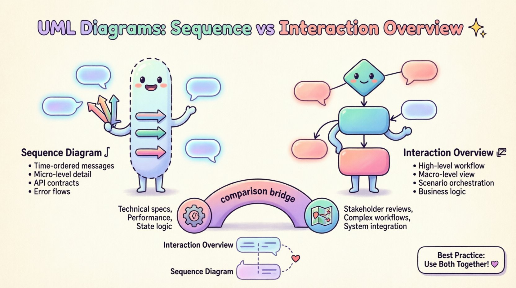 Kawaii cute vector infographic comparing UML Sequence Diagrams and Interaction Overview Diagrams for Requirements Engineers, featuring pastel-colored mascots, simplified shapes with rounded edges, key features comparison including temporal precision vs macro-level visibility, use case guidance for technical specs and business workflows, and integration best practices showing how both diagram types complement each other in system modeling
