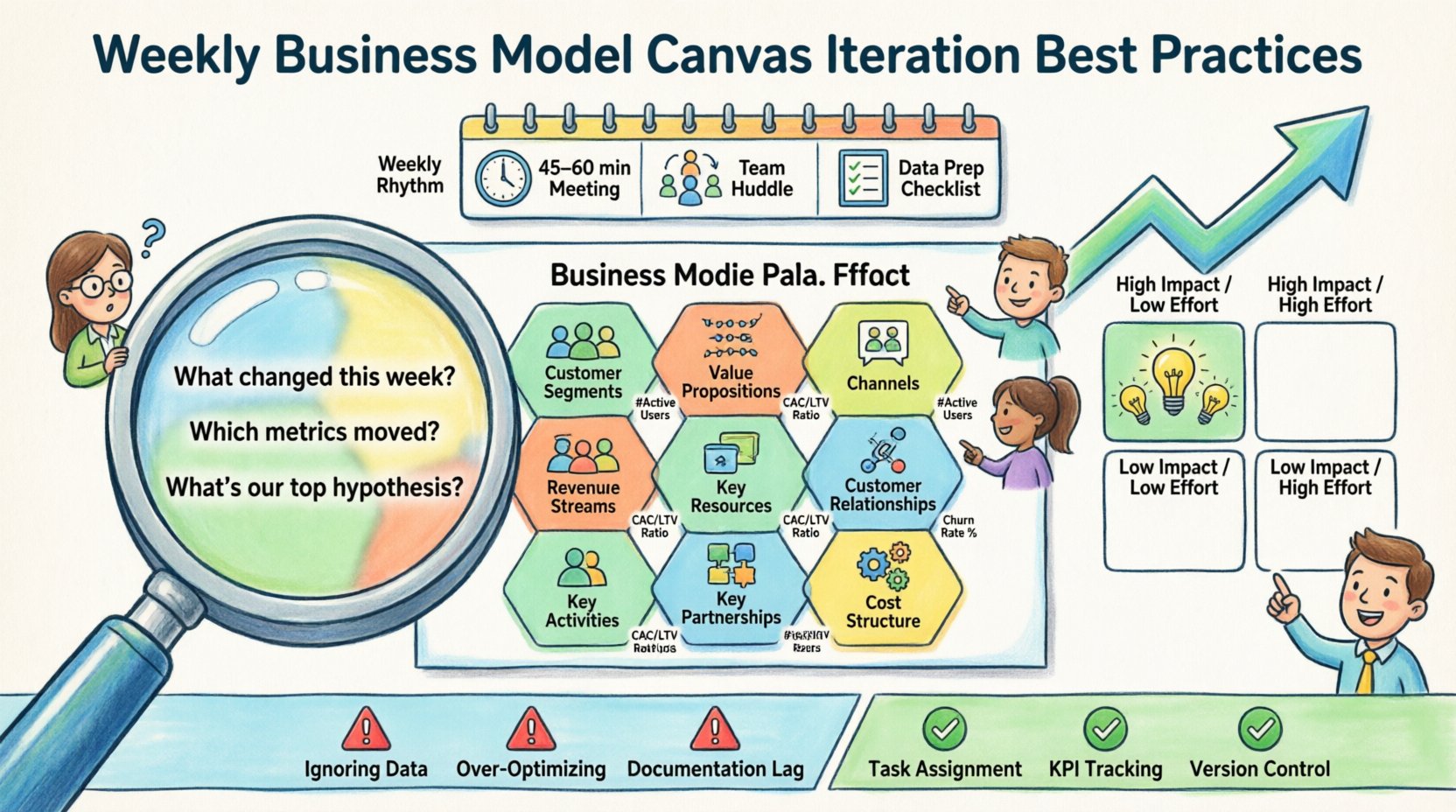 Cartoon infographic illustrating best practices for weekly Business Model Canvas iteration, featuring the 9 building blocks with key review questions and metrics, weekly meeting rhythm workflow, impact-effort decision matrix framework, and actionable tips to avoid common iteration traps for agile business growth and adaptation