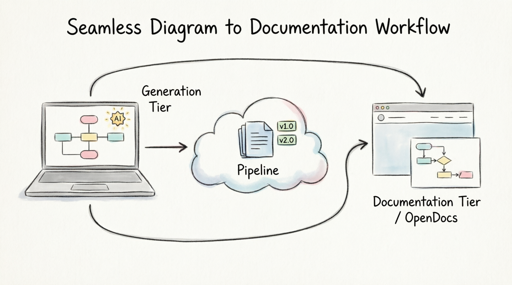 From AI-assisted diagram generation through the centralized Pipeline to live OpenDocs documentation.